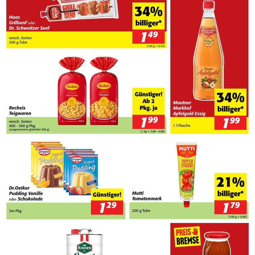 Eine Werbung für Lebensmittelprodukte, darunter Recheis Teigwaren, Dr. Oetker Pudding und Mutti Tomatenmark. Jeder Artikel wird mit Preis und Rabattprozentsatz angezeigt. Die Produkte sind auf einem hellen Hintergrund mit Werbetext abgebildet.