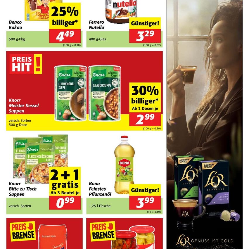 Werbeanzeige für Lebensmittel. Zeigt Benco Kakao für 4,49, Ferrero Nutella für 3,29, Knorr Suppe für 2,99. Auch kostenlose Knorr-Suppe im Angebot. Bona Öl für 3,99. Lor Kaffee für 3,99.