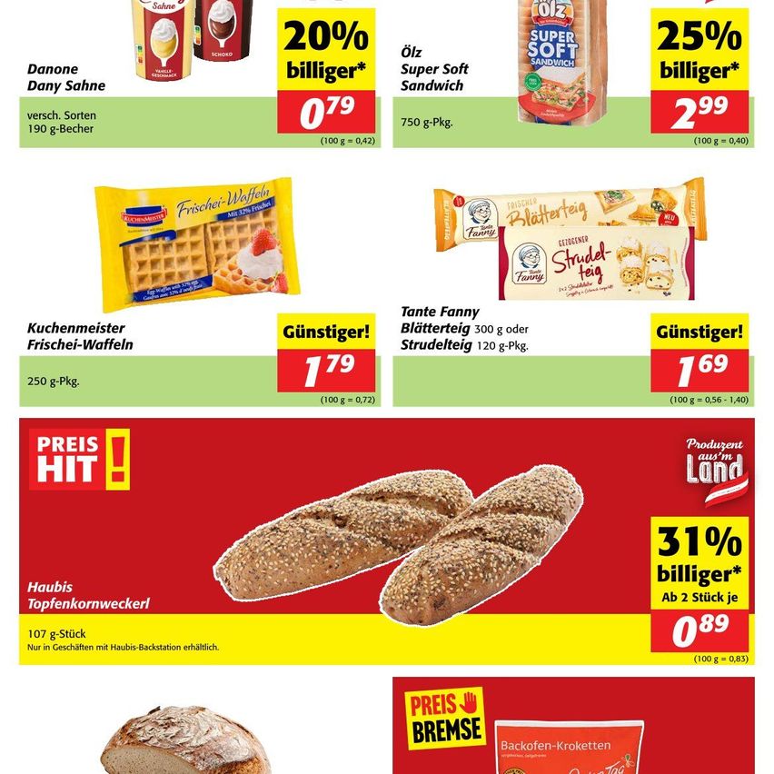 Werbeflyer mit verschiedenen Produkten. Erste Reihe zeigt Danone Dany Sahne Joghurt und Olz Super Soft Sandwich mit Preissenkungen. Zweite Reihe zeigt Frischer-Waffeln und Tante Fanny Blaetterteig. Untere Reihe zeigt Haubi's Topfkornweckerl und Backofen-Kroketten.