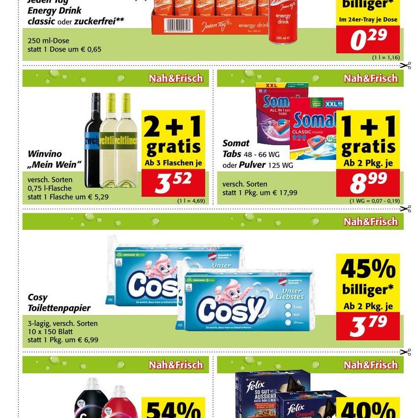 Angebote umfassen Energydrinks, Wein, Waschmittel und Toilettenpapier. Rabatte reichen von 2+1 Gratis-Angeboten bis zu 45% Ermäßigung. Preise sind pro Dosis, Flasche oder Packung.
