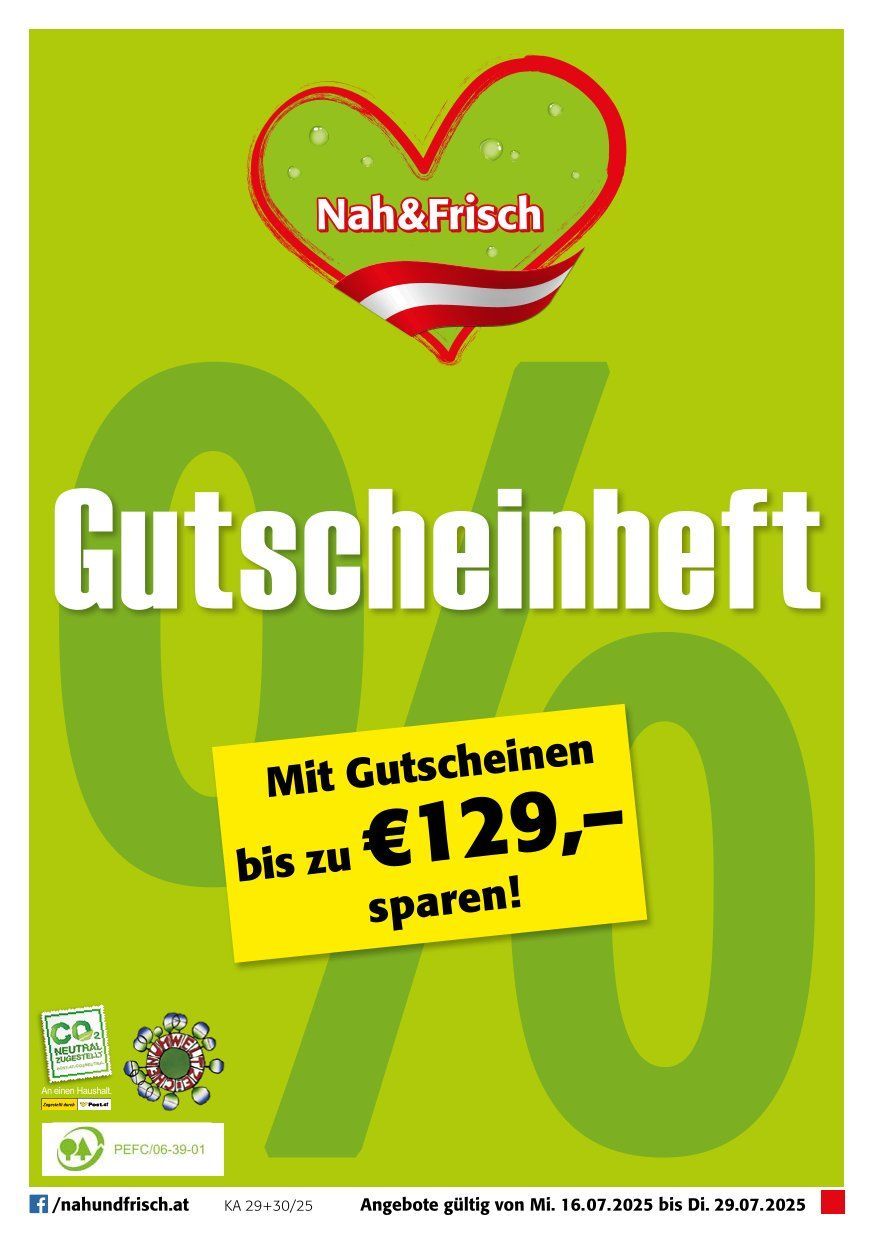 Eine Werbung für einen Gutschein, der bis zu 129 Euro Ersparnis bietet. Der Hintergrund ist grün, mit einem Logo und der Aufschrift 'Gutscheinheft'. Ein gelbes Schild betont das Sparangebot.