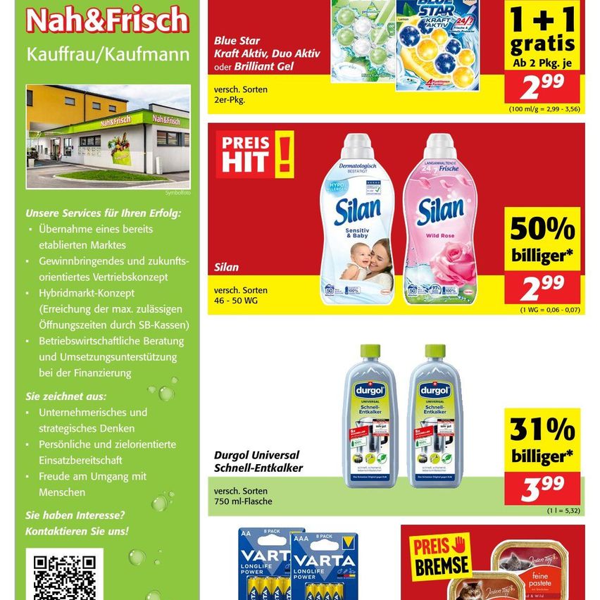 Ein Flyer bewirbt Dienstleistungen eines Geschäfts namens Nah&Frisch. Die angebotenen Dienstleistungen umfassen die Übernahme eines fertigen Geschäfts, zukunftsorientiertes Marketing, Hybrid-Geschäftskonzept und mehr. Gezeigte Produkte sind Reinigungsmittel und Reiniger.