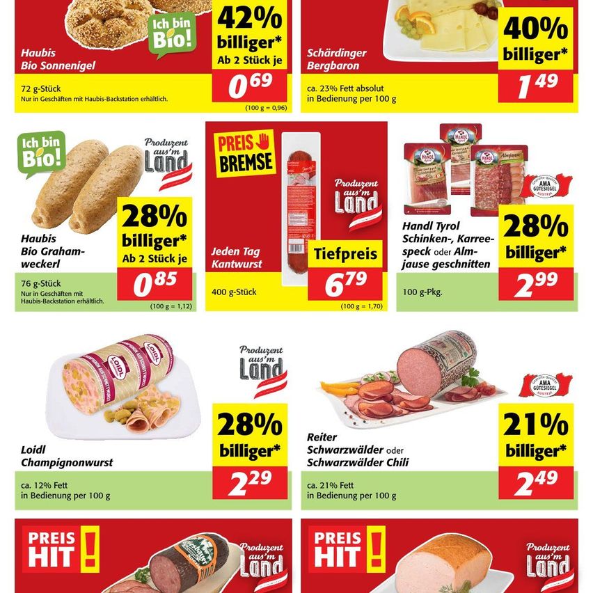 Werbeflyer für Hausbis Bio-Produkte. Bietet Sonneniegel mit 42% Rabatt, Bio Graham-Weckerl mit 28% Rabatt und verschiedene Fleischsorten mit 28% und 21% Rabatt. Enthält Nährwertangaben und Rabattdetails.