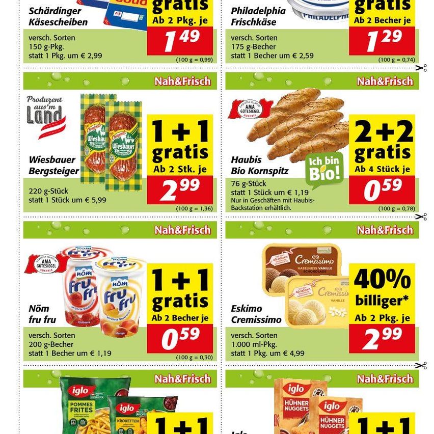 Werbeflyer mit verschiedenen Lebensmitteln. Angebote umfassen '1+1 gratis' für verschiedene Artikel wie Käsescheiben, Salami, Maiskolben, Eiscreme und Nüsse. Preise und Angebote variieren je nach Produkt. Jedes Angebot enthält eine Beschreibung des Produkts und dessen ursprünglichen Preis.