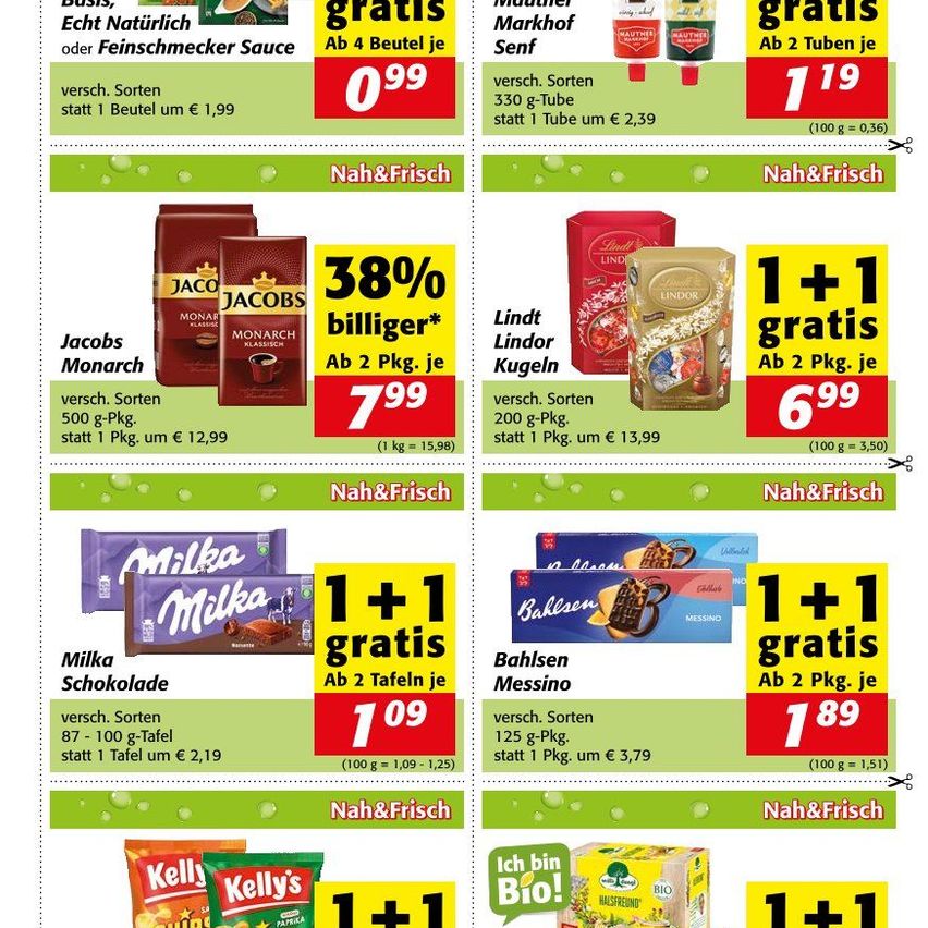 Werbeprospekt mit verschiedenen Produkten wie Kaffee, Lindt-Schokolade, Bahlsen Messingo und Kelly's Snacks. Sonderangebote beinhalten 1+1 kostenlos und Rabatte wie 38% für bestimmte Produkte. Preise und Gewichte sind für jeden Artikel angegeben.