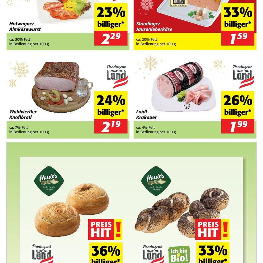Eine Werbung zeigt verschiedene Fleischprodukte mit Preisreduktionen. Produkte umfassen Waldviertler Knoflbratl, Staudinger Jausenleberkaese und Loidl Krakauer. Alle Artikel sind mit Rabatten wie 24%, 23% und 26% gekennzeichnet. Die Preise werden mit 2,19, 2,29 und 1,99 angegeben.