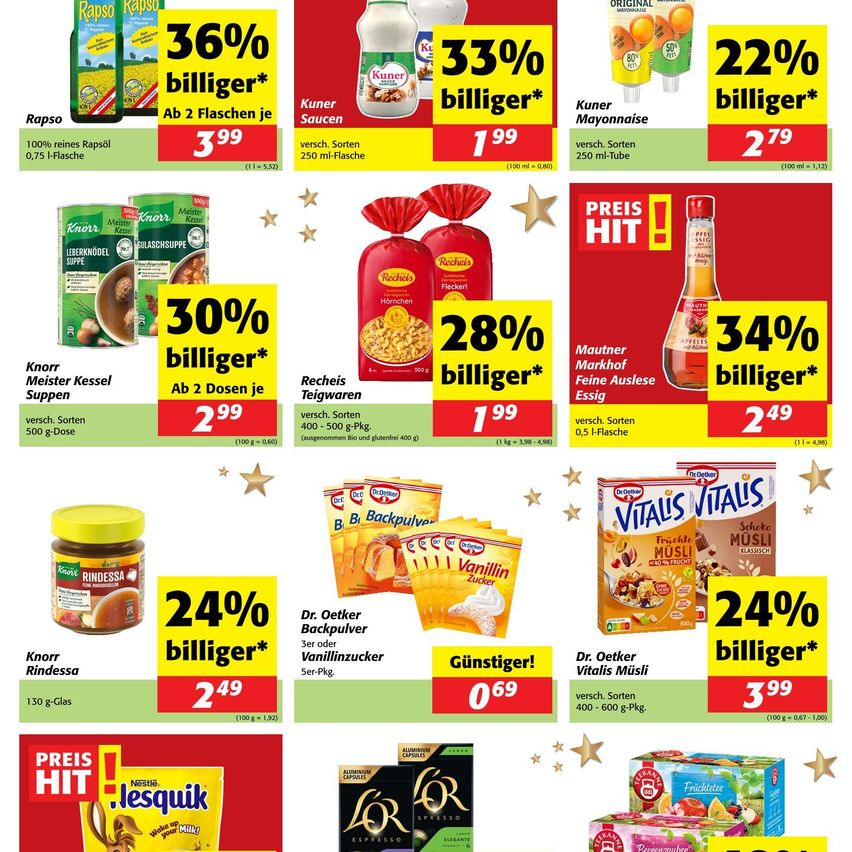 Werbung mit verschiedenen Produkten. Oben links: Rapso, 36% günstiger für 2 Flaschen. Oben rechts: Kuner Sauce, 33% günstiger, 1,99. Unten links: Knorr Rindersuppe, 30% günstiger für 2 Dosen. Unten rechts: Rechei's Teigwaren, 28% günstiger, 1,99.