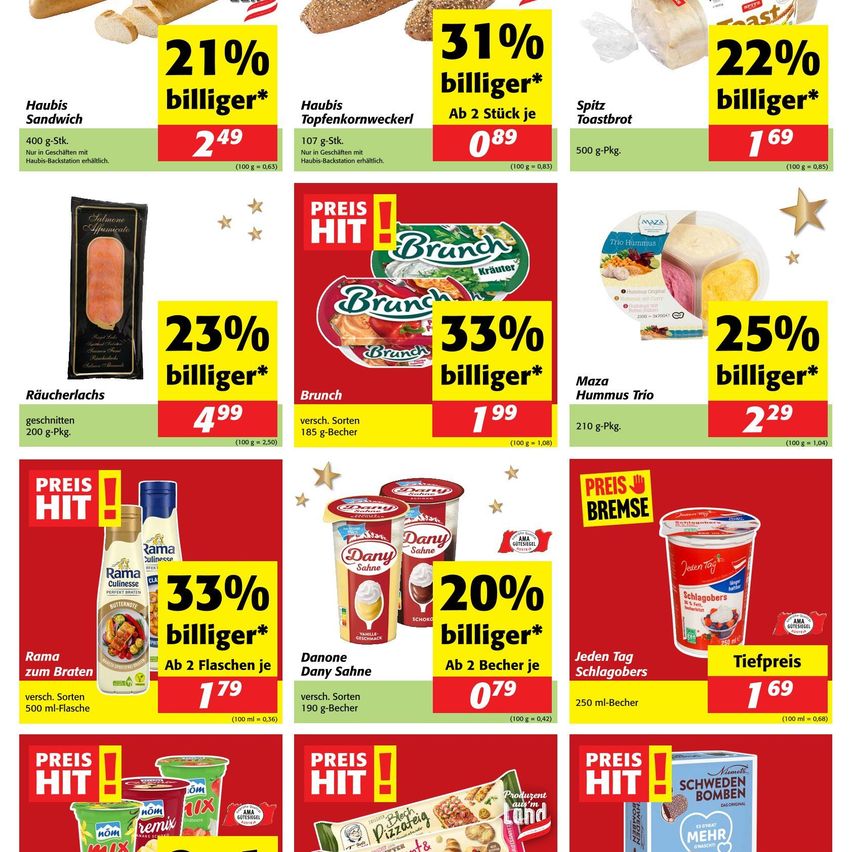 Ein Flyer, der reduzierte Lebensmittel wie Sandwiches, Hummus und Saucen mit verschiedenen Prozentrabatten anzeigt. Die Artikel umfassen ein Sandwich, Hummus Trio und Saucen mit Preisschildern und Prozentrabatten.