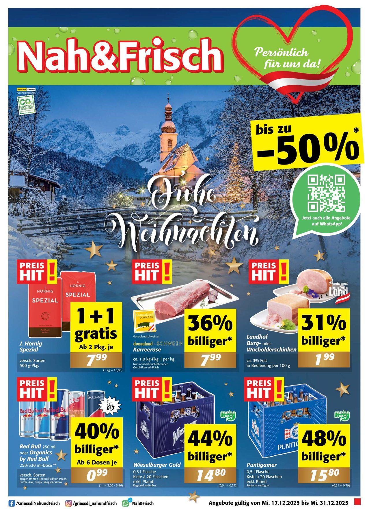 Ein Plakat für einen Winterverkauf mit Rabatten bis zu 50%. Produkte umfassen ein Sonderangebot von 1+1 gratis Kaffee, 36% Rabatt auf Schweinefleisch, 31% Rabatt auf Schinken und 40% Rabatt auf Bier. Ein QR-Code für weitere Angebote auf WhatsApp ist angezeigt.