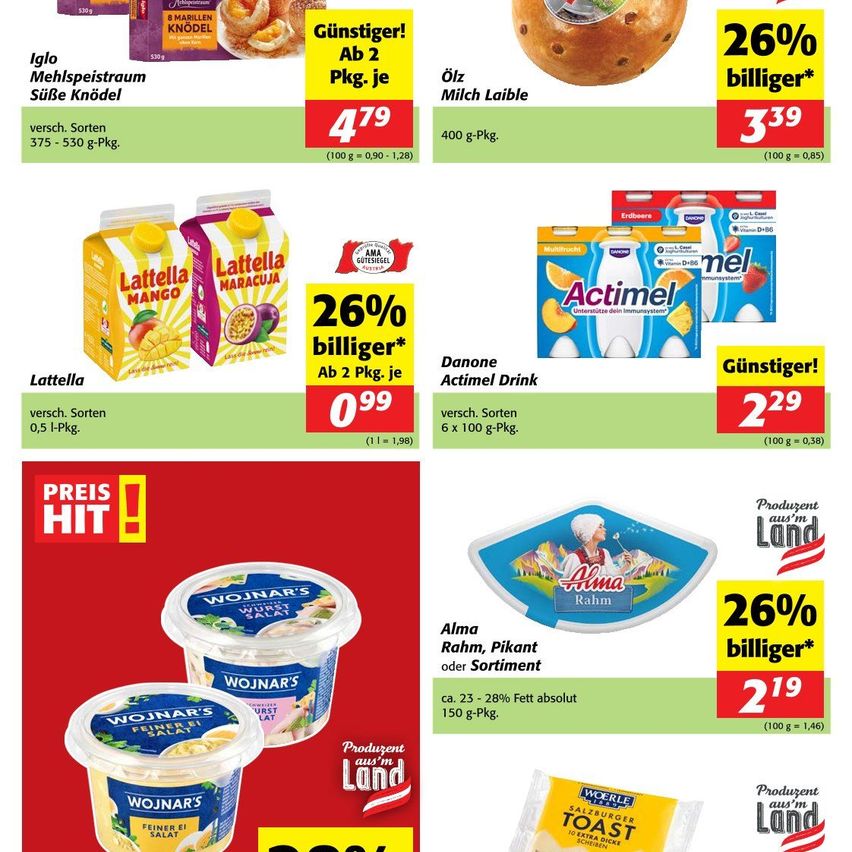 Deals on various products. Iglo flour dumplings priced at 4.79 for 375-530 g. Actimel drink at 2.29 per 100g. Alma Rahm, Pikant or sortiment for 2.19 per 100g.