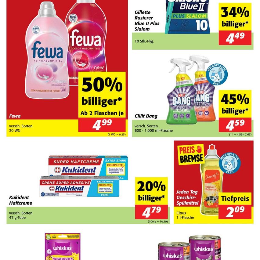 Advertisement for cleaning products and toothpaste. The products include Cillit Bang and Kuikident toothpaste. Prices and discounts are displayed.