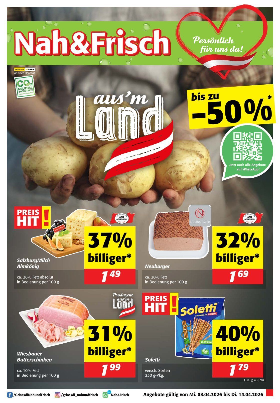 Advertisement for local produce with discounts up to 50%. Potatoes, cheese, and meats are showcased with price reductions. Prices are shown with discounts like 37% and 31%.