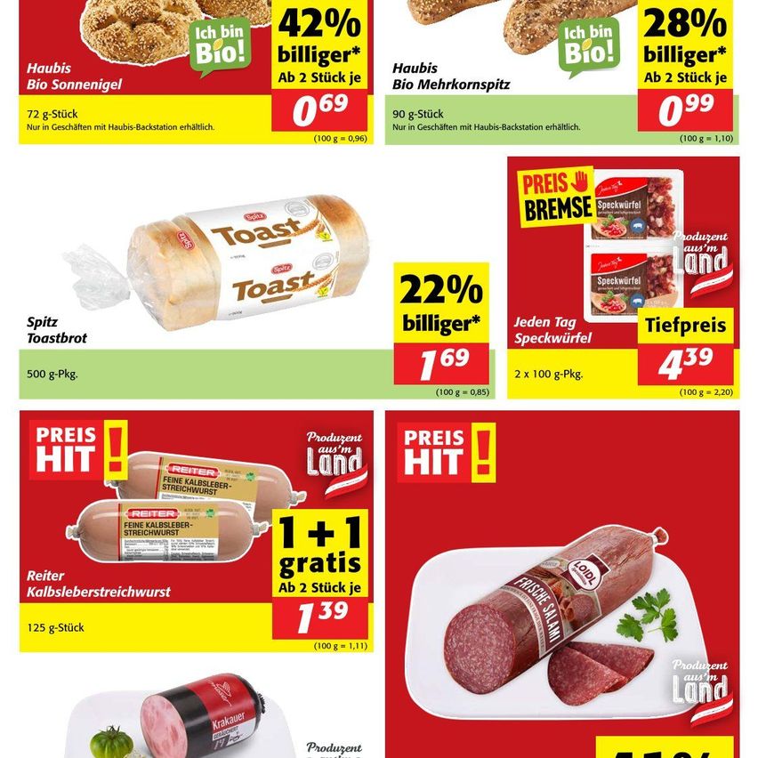 Bio bread rolls and sausages on sale. Bio Sonnenniegel bread rolls at 0.69 per 2 pieces. Bio Mehrkornspitz bread rolls at 0.99 per 2 pieces. Toast bread roll at 1.69 for 500g. Speckwurst at 4.39 for 100g. Reiter kalbseiber stretchwurst at 1.39 per 2 pieces. Salami at 4.99 for 100g.