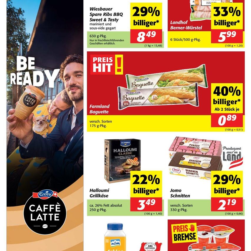 Werbung für 'Be Ready' mit Caffe Latte und Rabatten. Produkte sind Farmland Baguettes, Hallouimi Grillkase und Jomo Schnitten mit Preissenkungen.