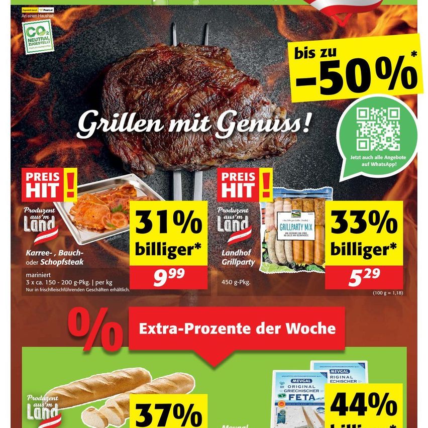 Ein Flyer zur Förderung einer Grillparty. Steak, Würste und Brot sind mit erheblichen Rabatten abgebildet. Es hebt eine 'CO2 neutral' Zertifizierung hervor und bietet einen QR-Code für weitere Details.