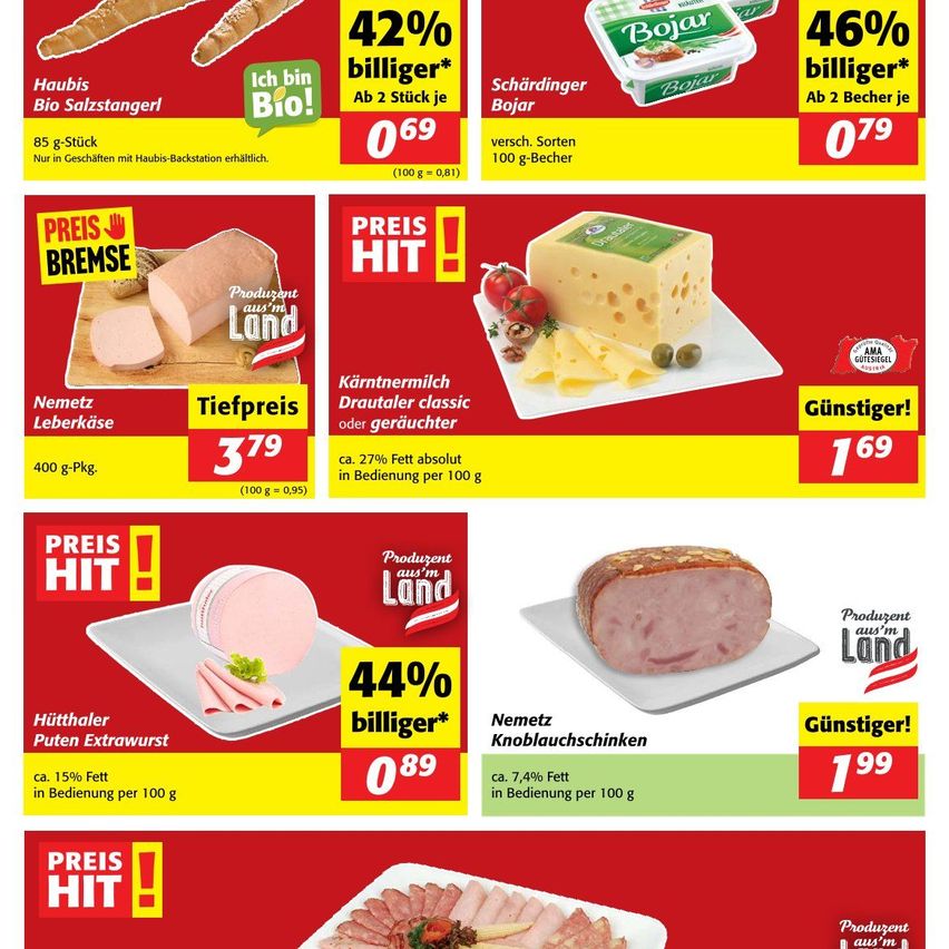 Werbeanzeige für Bio-Brot, Käse, Schinken und Wurst. Preisreduzierungen bis zu 46%. Verschiedene Produkte mit Preisen und Nährwertangaben.