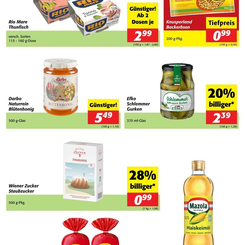 Promotions on various products: Rio Mare tuna in different sizes, Darbo honey, Efko pickles, Wiener Zucker, and Mazola corn oil. Special deals on bulk purchases.