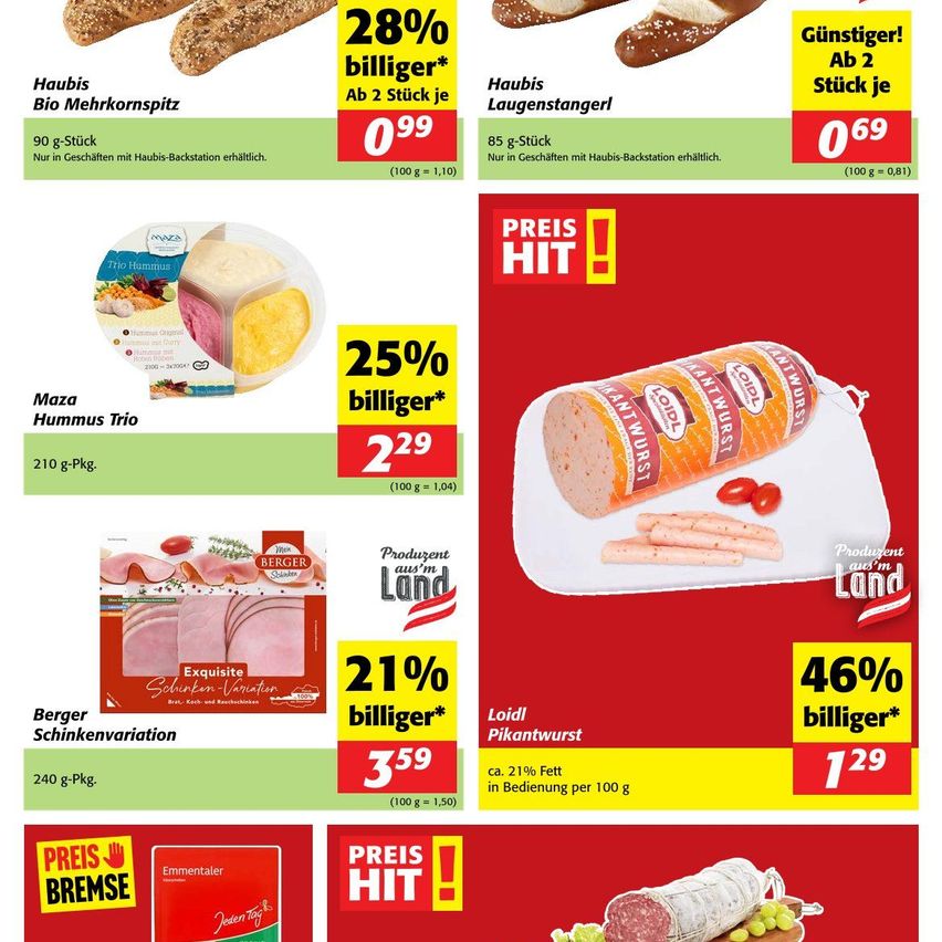 Promotional flyer showing discounted products. Top left: Habis Bio Mehrkornspitz at 0.99 for 2 pieces. Bottom left: Maza Hummus Trio at 2.29. Bottom right: Loidl Pikantwurst at 1.29. All items are discounted by percentage.