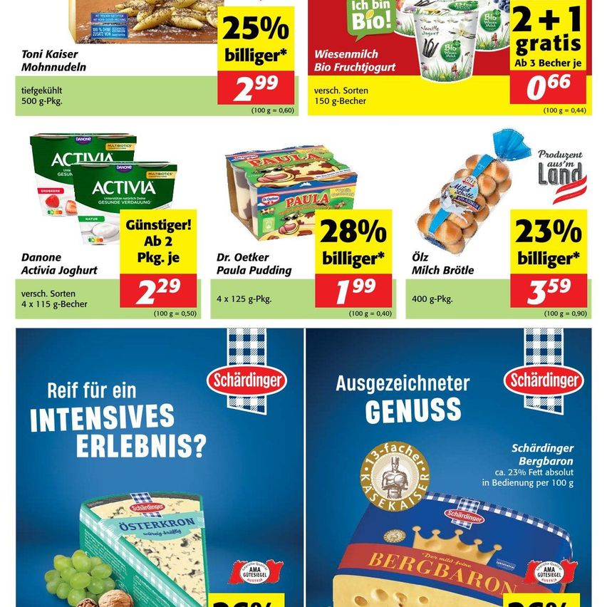 A promotional poster for dairy products. It features several products, including Toni Kaiser Mohnnudeln, Wiesenmilch Bio Fruchtjoghurt, Danone Activa Joghurt, Dr. Oetker Paula Pudding, Oelz Milch Brotle, and Schardinger Bergbaron. Each product has a price tag and a discount percentage.
