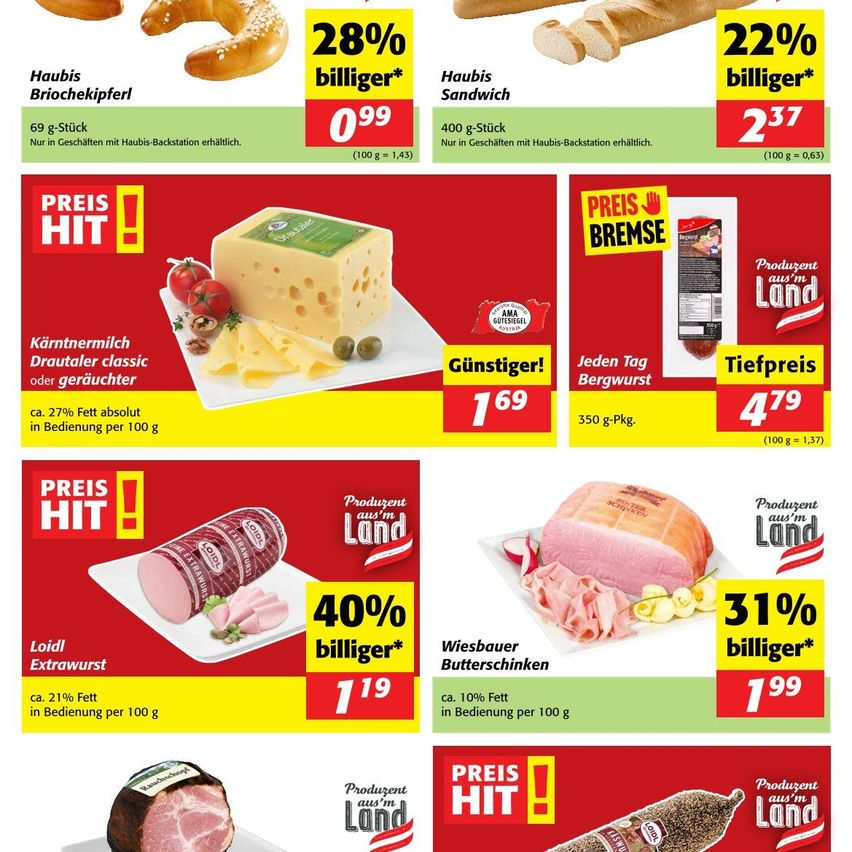 Eine Werbung für verschiedene Lebensmittel mit Preisreduktionen. Es zeigt eine Vielzahl von Artikeln, darunter Käse, Schinken und Würste, alle mit Preisschildern und Rabattprozentsätzen. Die Produkte sind auf einem roten und gelben Hintergrund mit Text in deutscher Sprache dargestellt.