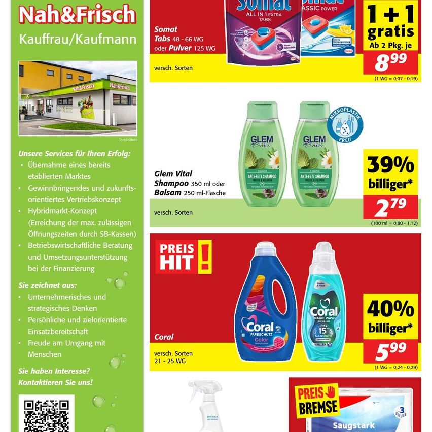 Ein Werbeflyer für Nah&Frisch, ein Einzelhandelsgeschäft, mit verschiedenen Produkten und Rabatten. Der Flyer enthält Bilder von Reinigungsprodukten, ein Bild des Geschäfts und einen QR-Code für den Kontakt.