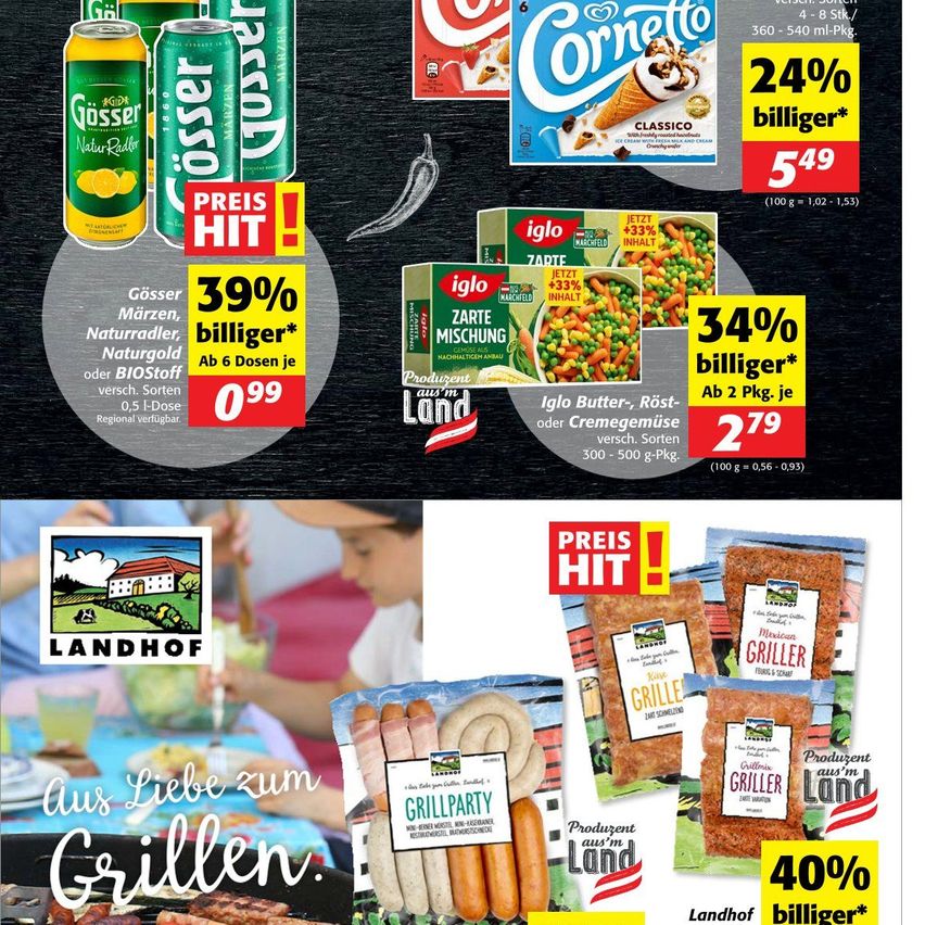An advertisement for various food products including canned drinks, ice cream, and sausages. The products are displayed with their prices and discounts. The image also includes a logo for a farm and a slogan 'aus Liebe zum Grillen'.