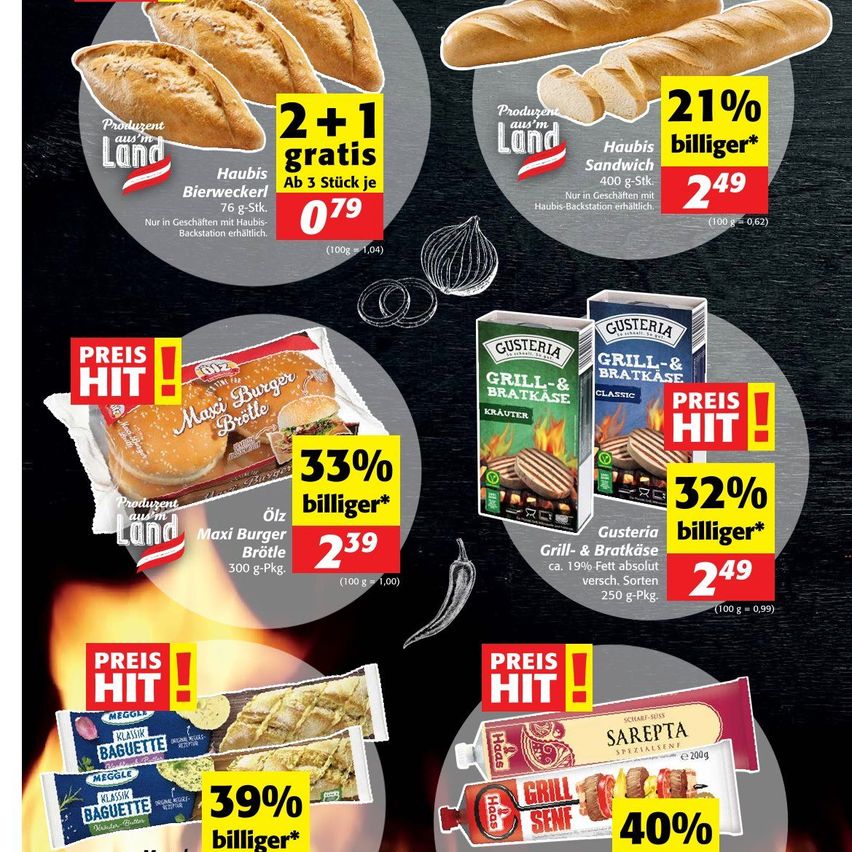 An advertisement displays a 2+1 free offer on Haubi's Bierwecken bread, with a 21% discount on a 400g sandwich. Another offer shows a 33% discount on Maxi Burger Brote, priced at 2.39. A price hit banner for Klasik Baguette offers a 39% discount.