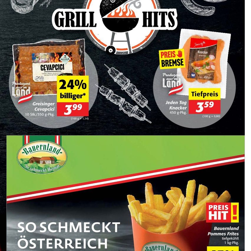 An advertisement for Grill Hits features a package of Cevapcici and a pack of knacker sausages, both at a discounted price. The image includes a black background with a grill and a price tag. The price for the Cevapcici is 3.99 euros, and the knacker sausages are priced at 3.59 euros.