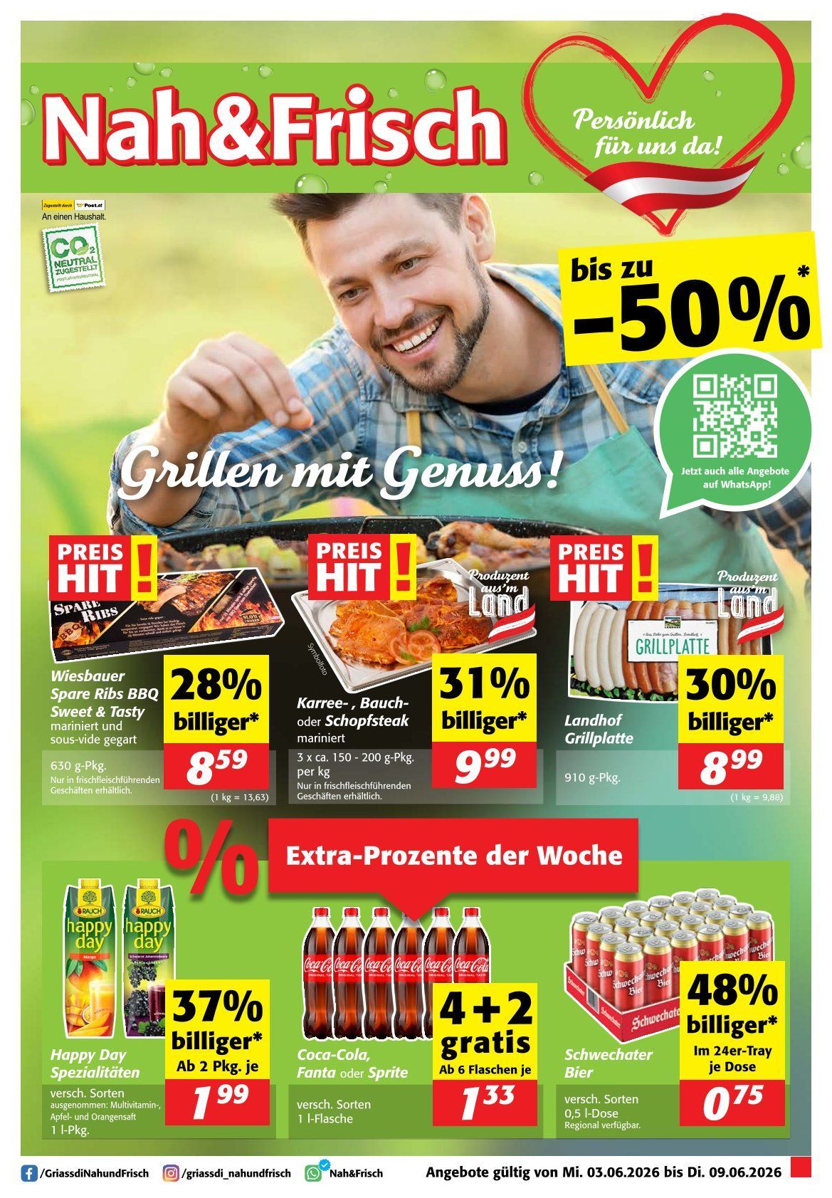 A poster shows a man grilling with various meats and a discount message of up to 50%. Items include Spare Ribs BBQ, Carrot and Scotch Steak, and Landhof Grillplatte. Prices and discounts are displayed. QR code for WhatsApp.