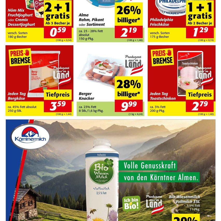 Ein Flyer, der verschiedene Milchprodukte präsentiert. Es gibt Rabatte auf Joghurts, Sahne und Milch. Es werden Preisvergleiche, Werbeangebote und Nährwertinformationen gezeigt. Die Produkte stammen von Marken wie Philadelphia, Bergkase und Vollmilch.