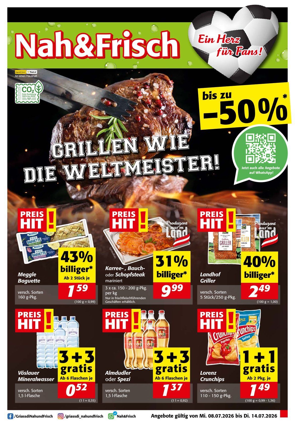 Advertisement for a supermarket with a focus on grilling. Various products are displayed with discounts up to 50%. Products include steaks, baguettes, and drinks. A QR code is shown for additional information.