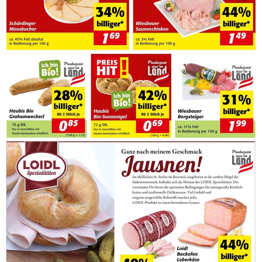Advertisement for Bio products with various discounts like 34% and 44%. Includes images of products, their nutritional facts, and price reductions. Showcases products like Schärdinger Moosbacher, Wiesbauer Saunaschínken, and Bio-Sonnengeícht.