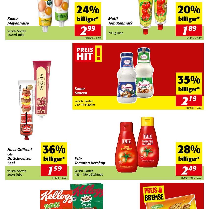 A flyer with various food products. It shows a mayonaise bottle, ketchup bottles, a sauerkraut jar, and a box of chocolates. All products have discount percentages and prices listed.