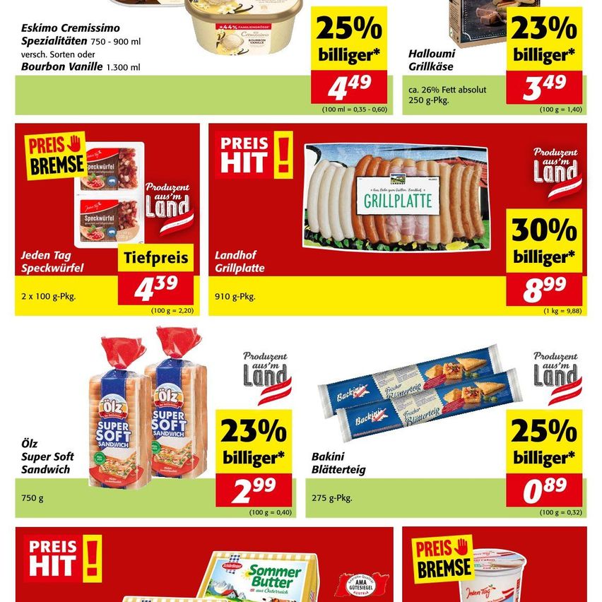 The advertisement showcases various products, including ice cream, sausages, and bread. Eskimo Cremissimo ice cream is offered at a discounted price, along with Landhof Grillplatte sausages and Oölz Super Soft Sandwich bread. Each product has a highlighted discount percentage.