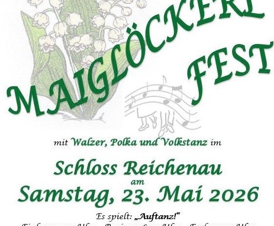 Plakat für das Maiglockerl Fest, das 50 Jahre der Volkstanzgruppe Payerbach-Reichenau feiert. Das Event bietet Walzer, Polka und Volkstanz im Schloss Reichenau am 23. Mai 2026.