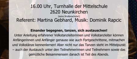 Plakat für einen Volkstanz-Veranstaltung in Neunkirchen, mit Zeitplan, Daten und Orten. Geplant für den 7. März 2026 um 16:00 Uhr in der Turnhalle der Mittelschule. Veranstalterin Martina Gebhard und Musik von Dominik Rapcic.