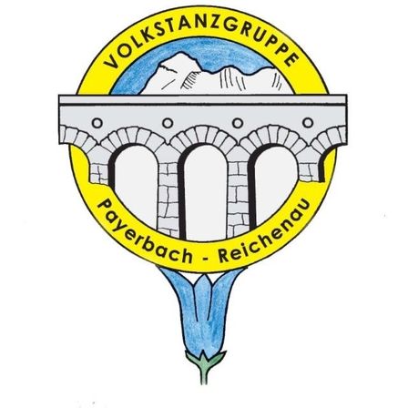Ein Logo mit einer Brückengestaltung, 'Volkstangruppe' oben und 'Payerbach - Reichenau' darunter. Die Brücke ist in Grau skizziert, mit einem blauen Berg und Himmel dahinter.