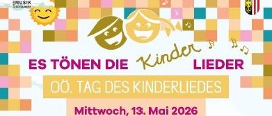 Plakat für den Internationalen Kinderlied-Tag, mit einer fröhlichen Illustration von Kindern mit Musiknoten und Tieren. Der Text 'Es Tönen Die Kinder Lieder' steht in fetten Buchstaben, mit zusätzlichen Details wie Datum und Uhrzeit. Das Plakat ist farbenfroh und einladend.