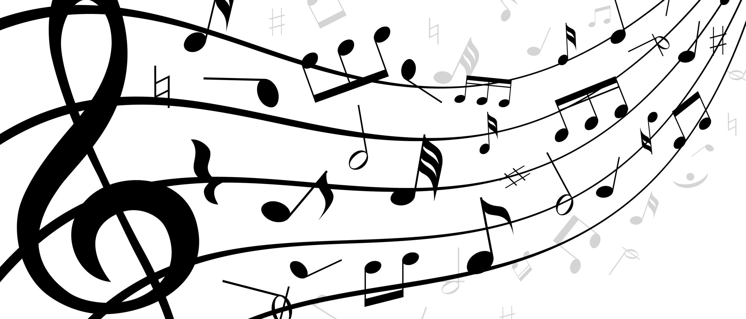 Eine Sammlung von Musiknoten, einschließlich Geigenschlüssel, Halbnoten, Viertelnoten und Achtelnoten, angeordnet in einem fließenden, wellenförmigen Muster auf weißem Hintergrund.
