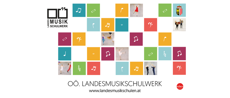 Ein Bild mit 'Landesmusikschulwerk' unten, das musikalische Noten, Symbole und tanzende Menschen in verschiedenen Posen enthält. Der Hintergrund ist schwarz.
