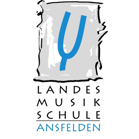 Logo der Landesmusikschule Ansfelden mit einem stilisierten Y-Symbol auf einem zerrissenen Stück Papier. Der Text darunter lautet Landesmusikschule Ansfelden in großen, großgeschriebenen Buchstaben.