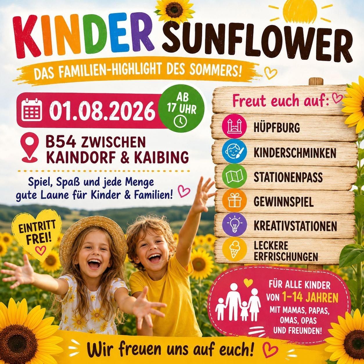 Plakat für die Kinder-Sonnenblumen-Veranstaltung am 1. August 2026 mit zwei Kindern in einem Sonnenblumenfeld und aufgelisteten Aktivitäten.