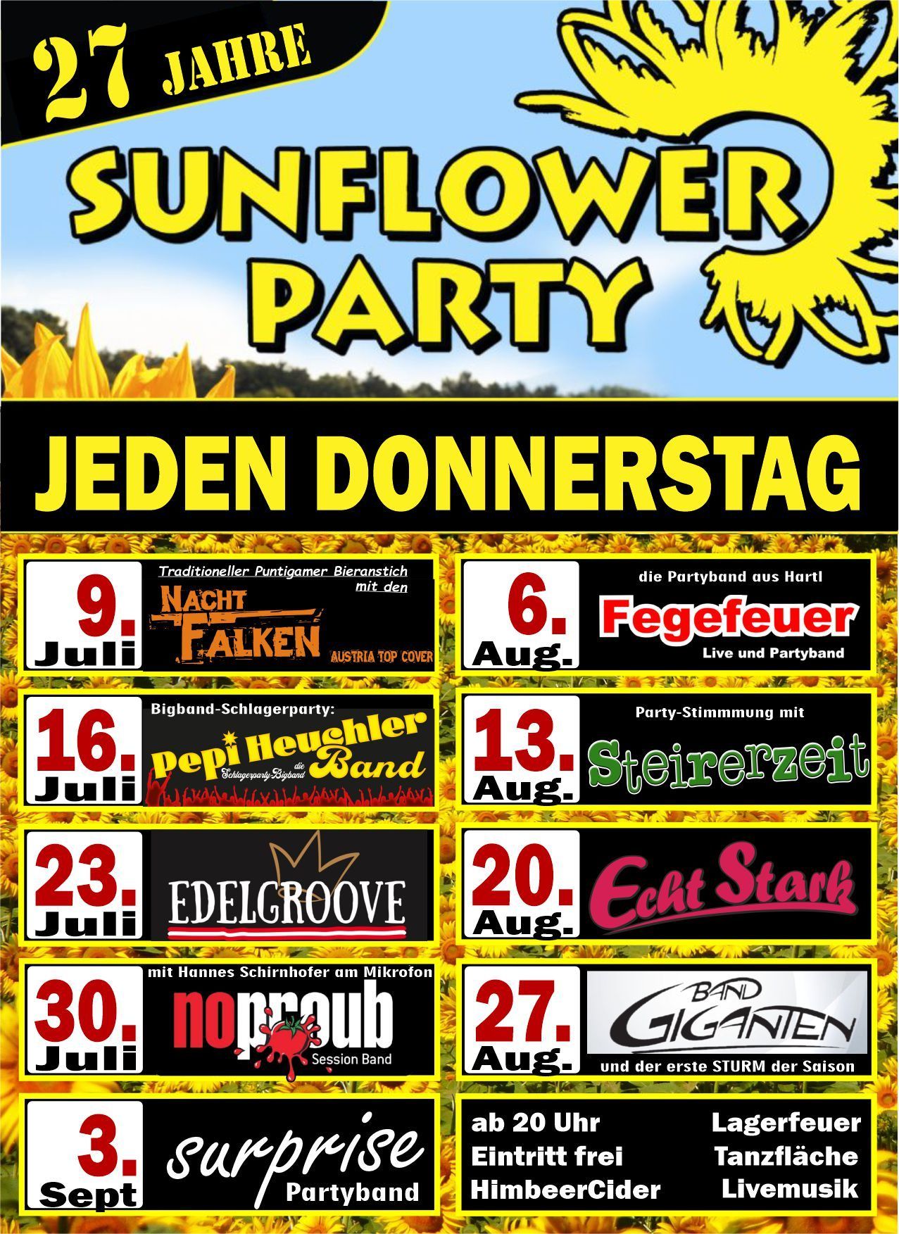 Ein Werbeplakat für die Sunflower Party mit einem gelben Sonnenblumen und einem Vogel, mit Datum und Bands für jeden Donnerstag aufgelistet.