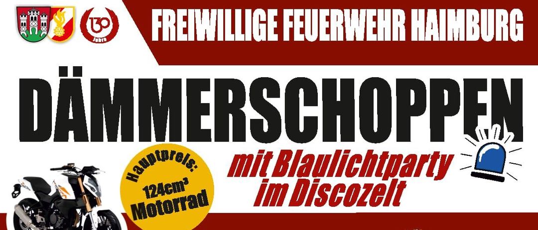 Veranstaltungsplakat für 'Dammerschopppen' mit einer Gruppe von Menschen, einem Motorrad und dem Text 'Hauptpreis: 124cm3 Motorrad' und 'mit Blaulichtparty im Discozelt' auf rotem Hintergrund. Datum: Samstag, 27. Juni, 17:00 Uhr im Rusthaus Hamburg.
