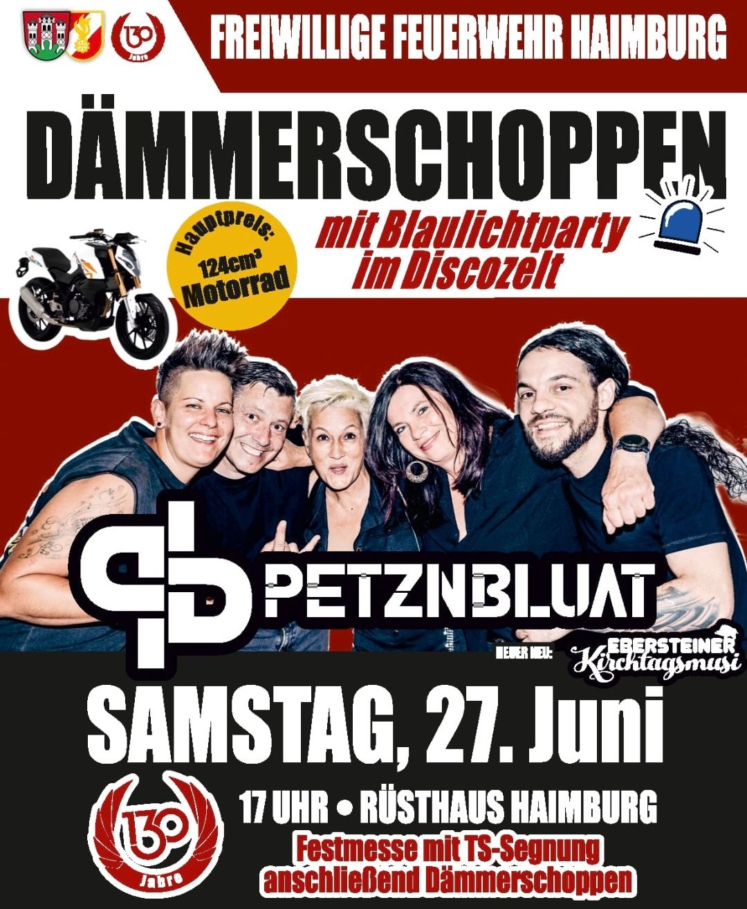 Plakat für eine Veranstaltung mit der Band Petznblut, mit einer Gruppe von Menschen, einschließlich eines Motorrads, auf rotem Hintergrund. Die Veranstaltung findet am Samstag, 27. Juni um 17:00 im Rusthaus Hamburg statt.