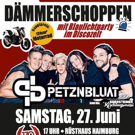 Plakat für eine Veranstaltung mit der Band Petznblut, mit einer Gruppe von Menschen, einschließlich eines Motorrads, auf rotem Hintergrund. Die Veranstaltung findet am Samstag, 27. Juni um 17:00 im Rusthaus Hamburg statt.