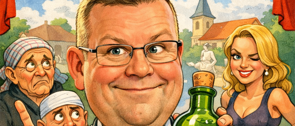 Eine Karikatur zeigt einen lächelnden Arzt, der eine Flasche mit der Aufschrift 'Wunder-Elixier' hält. Hinter ihm stehen zwei ältere Personen und eine Frau im ärmellosen Top. Verschiedene Gegenstände wie ein Glas, eine Kerze und eine Flasche umgeben ihn.