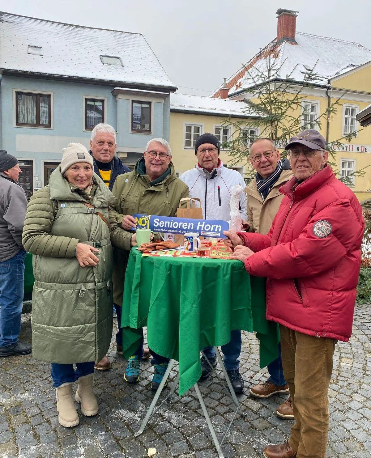 Eine Gruppe von Menschen steht um einen Tisch mit grüner Tischdecke, vor einem Gebäude mit Schnee auf dem Dach. Ein Mann hält ein blaues Schild mit der Aufschrift NO Senioren Horn.