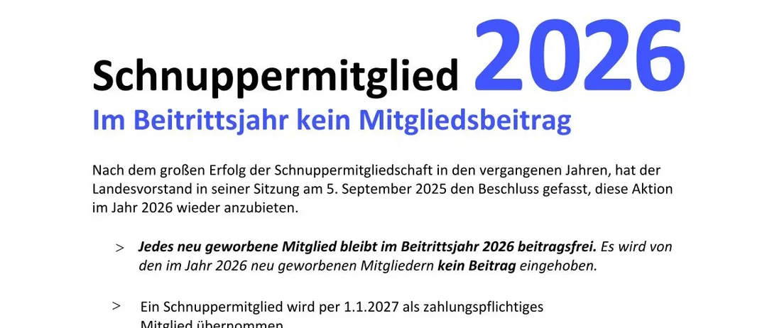 Das Dokument verkündet, dass im Mitgliedsjahr 2026 keine Mitgliedsbeiträge anfallen. Neue Mitglieder sind für das Jahr 2026 von der Beitragszahlung befreit. Die Ankündigung ist unterzeichnet von Hans Sommer, LT Pras. Karl Wilfling und Wolfgang Zimmermann.