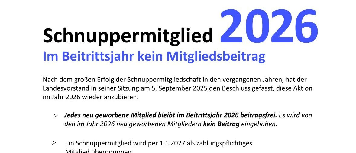 Das Dokument verkündet, dass im Mitgliedsjahr 2026 keine Mitgliedsbeiträge anfallen. Neue Mitglieder sind für das Jahr 2026 von der Beitragszahlung befreit. Die Ankündigung ist unterzeichnet von Hans Sommer, LT Pras. Karl Wilfling und Wolfgang Zimmermann.